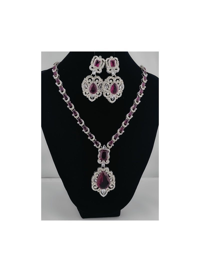 NATHNI Burgundy Red with Silver-Tone Necklace &Earrings American stone - Image 1